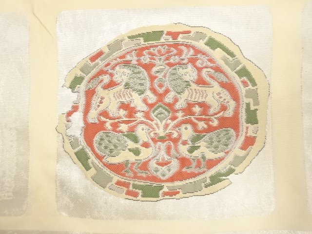 Antique Nagoya obi woven with animal and floral motifs by Hasegawa Orimono